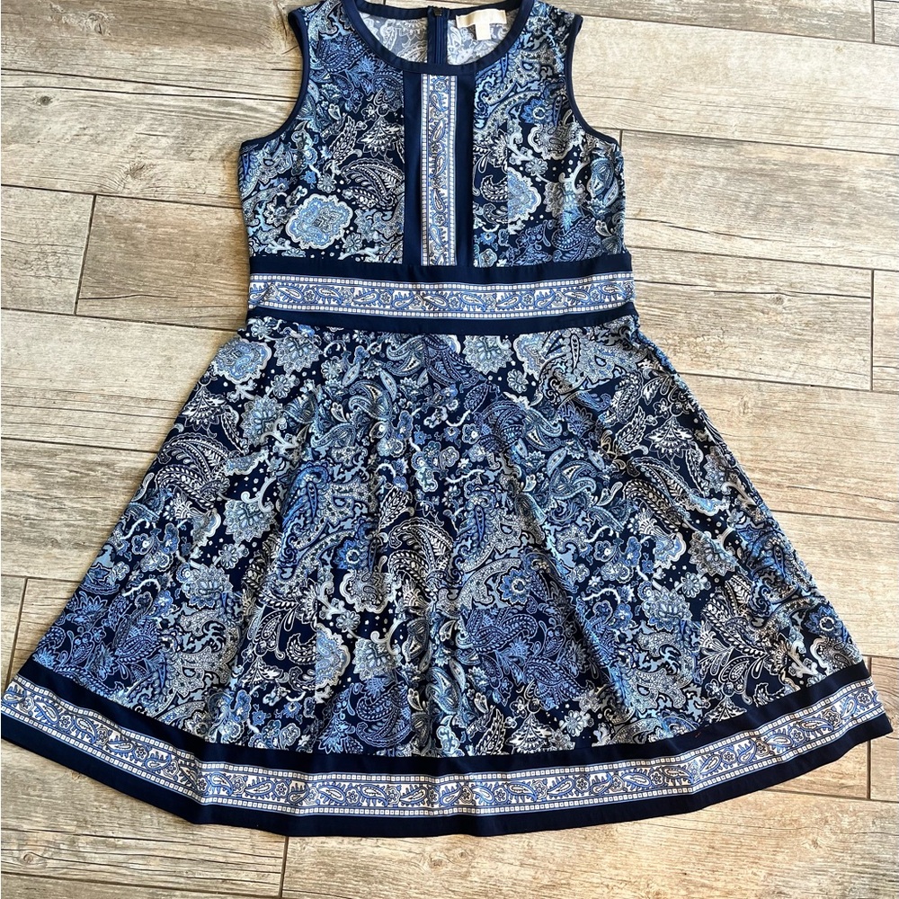 Michael Kors XL Sleeveless Blue and White Knee Length Dress